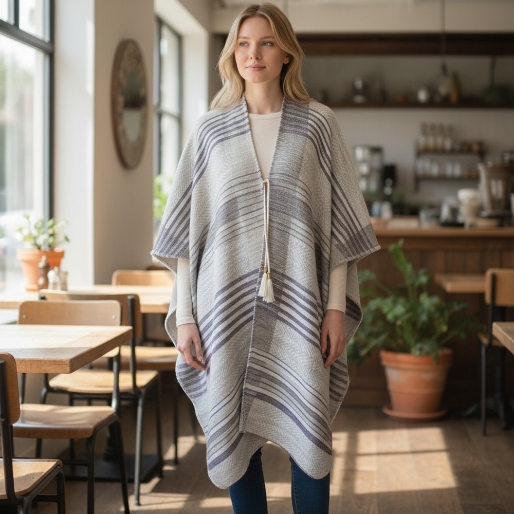 Marc New York Poncho Wrap Womens OS Grey Striped Tassel Tie New